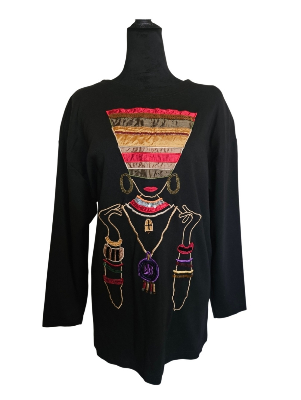 Vintage 90s Black Embellished African Woman Long Sleeve Tunic Shirt M